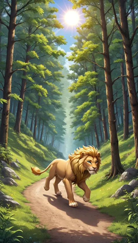 a lion cub with a golden mane, running joyfully through the forest, with the sun shining through the trees.