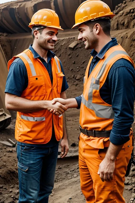 Two happy mining workers in profile, shaking hands, with personal protective equipment with orange safety vest