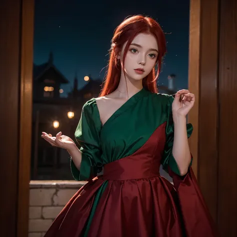 night image, a lonely girl, with red hair and emerald green dress, with red magic in his hands and he is looking at his hand