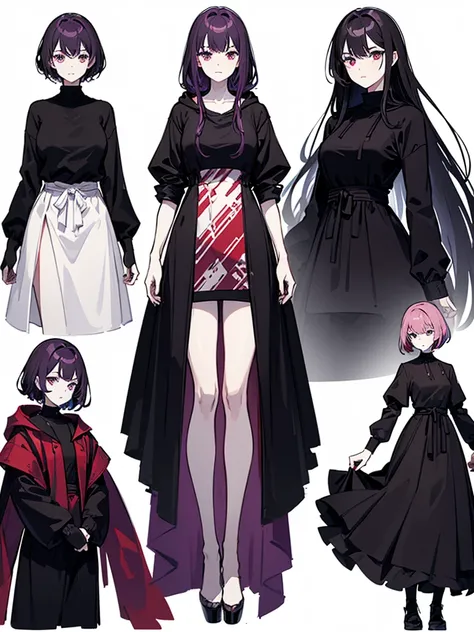 Mature face,tall, (Ink blotches:1.1), (pale:1.2),(purple:1.2),(Red/Black:1.2), Wearing black tights, Wearing a hoodie, Black clothes, The skin is hidden, I was wearing long pants,cool,Dressed in a black robe, Toned body, Wine red hair, one big woman,Updo, ...