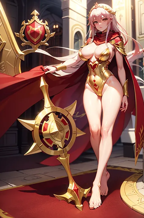 extremly detaled, dynamic sexy pose, bare feet, detaled feet, feet focus perspective,goddess, shine gold  heavy armor with red finish, long white hair, red cape and scarf, midget, gold hair clip, big tits, bra, shield