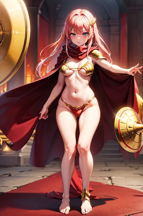 extremly detaled, dynamic sexy pose, bare feet, detaled feet, feet focus perspective,goddess, shine gold  heavy armor with red finish, long white hair, red cape and scarf, midget, gold hair clip, big tits, bra, shield