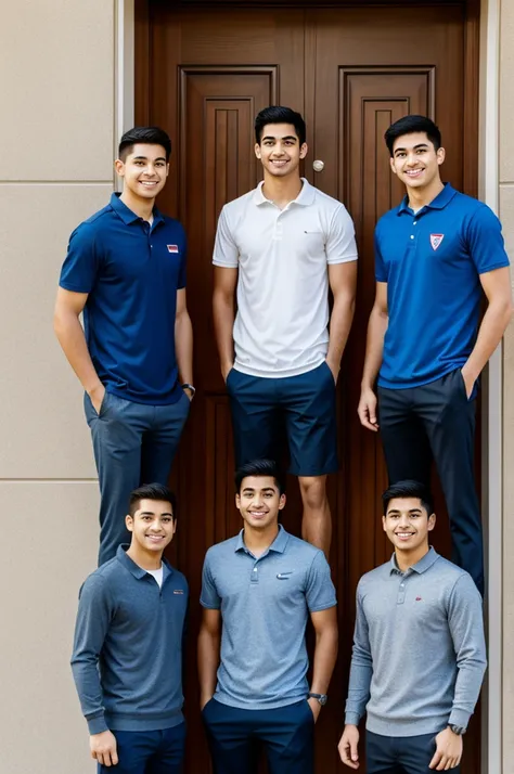 three guys standing in front of the campus door