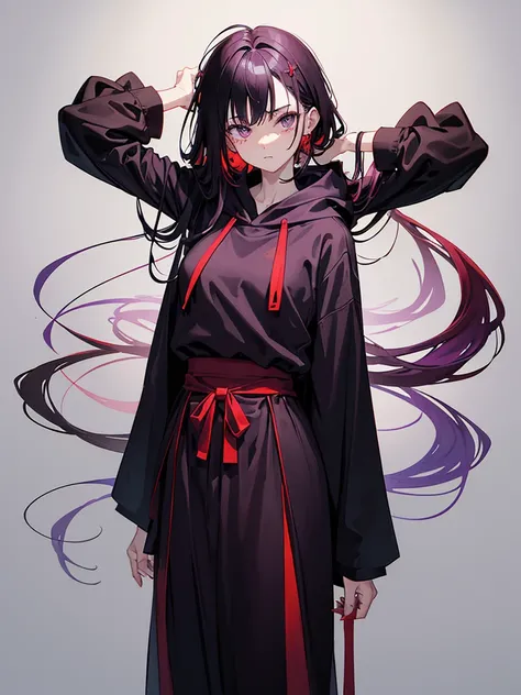 Mature face,tall, (Ink blotches:1.1), (pale:1.2),(purple:1.2),(Red/Black:1.2), Wearing black tights, Wearing a hoodie, He wore black trousers, whole body黒の服, The skin is hidden, I was wearing long pants,cool,Dressed in a black robe, Toned body, Wine red ha...