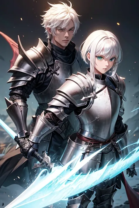 male character,((wearing armor that looks like a dragon)), sword in the waist, ((white  hair)), ((greeneyes)), ((black armour))