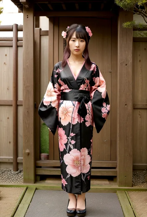 beautiful girl in   black kimono with pink floral patterns, standing in a traditional Japanese garden, kimono length till thigh