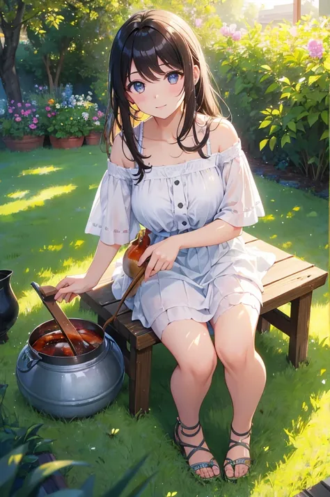 Colored shiny eyes、1 Girl、Embarrassing、BBQ、Lawn garden exterior，Warm Light，sunny，masterpiece，Highest quality，Perfect image quality，Beautiful and kind，High resolution，Enhanced Details
