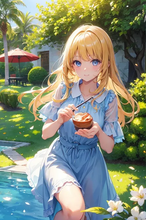 Colored shiny eyes、1 Girl、Embarrassing、BBQ、Lawn garden exterior，Warm Light，sunny，masterpiece，Highest quality，Perfect image quality，Beautiful and kind，High resolution，Enhanced Details
