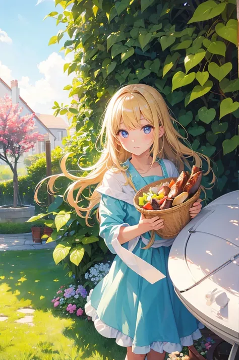 Colored shiny eyes、1 Girl、Embarrassing、BBQ、Lawn garden exterior，Warm Light，sunny，masterpiece，Highest quality，Perfect image quality，Beautiful and kind，High resolution，Enhanced Details
