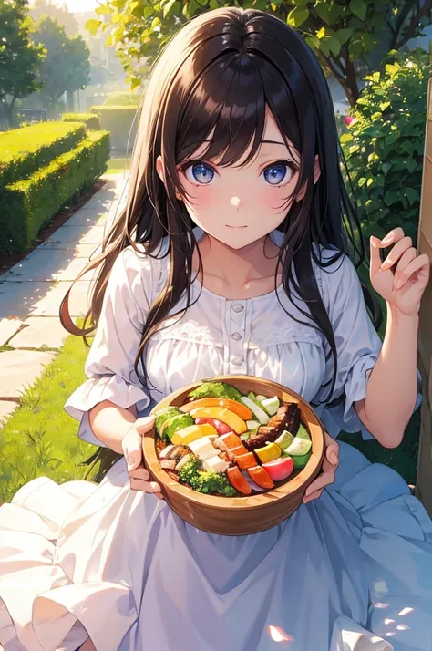 Colored shiny eyes、1 Girl、Embarrassing、BBQ、Lawn garden exterior，Warm Light，sunny，masterpiece，Highest quality，Perfect image quality，Beautiful and kind，High resolution，Enhanced Details
