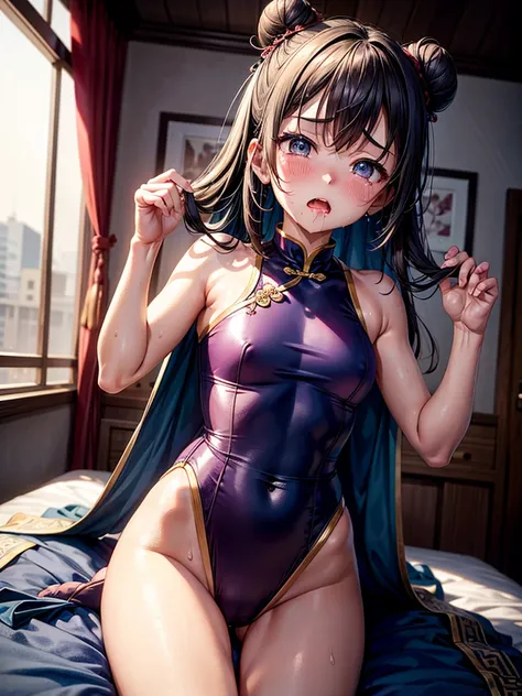 Highest Resolution,Highest quality,A beautiful girl in a Chinese leotard crying,Bun Hair,Dark bedroom,Tears,Open your mouth and drool,whole body,Sweat profusely,Beautiful eyes,Lots of saliva,