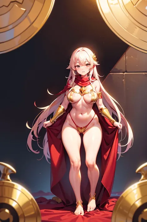 extremly detaled, dynamic sexy pose, bare feet, detaled feet, feet focus perspective,goddess, shine gold  heavy armor with red finish, long white hair, red cape and scarf, midget, gold hair clip, big tits, bra, huge square gold shield