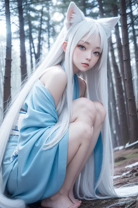 An anime girl with long straight white hair down to her knees with skin as light as snow shining with the moon in a forest with eyes as blue as the sky wearing a bluish and white kimono with ears and nine white fox tails