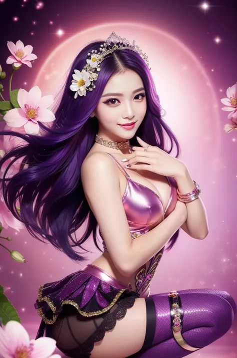 Sexy Thai model who controls poison、beautiful smile、lipgloss、long lashes、intense makeup、look at the camera、full body Esbian、、sparkling poisoned flower costume、、、、sparkling Colorful hair、secrete poison、skull hair accessories schnet tights、shiny sparkling fl...