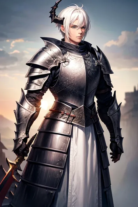 male character,((wearing armor that looks like a dragon)), sword in the waist, ((white  hair)), ((greeneyes)), ((black armour))