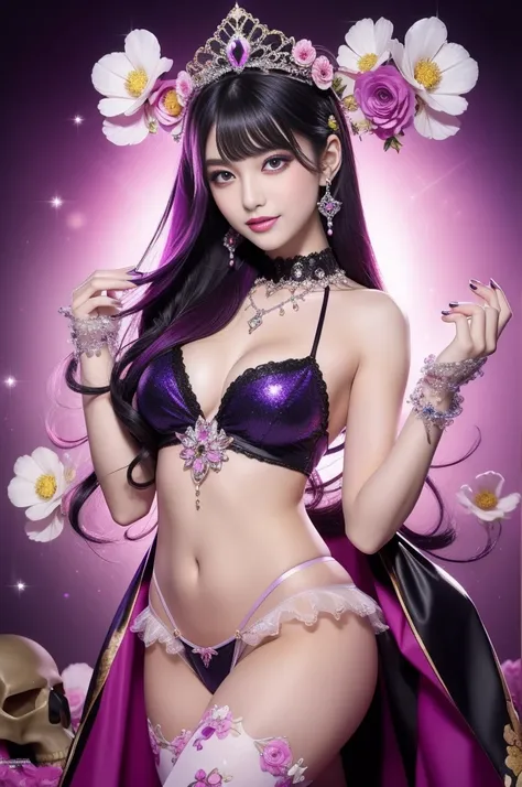 sexy Italian model who controls poison、beautiful smile、lipgloss、long lashes、intense makeup、look at the camera、full body Esbian、、sparkling poisoned flower costume、、、、sparkling Colorful hair、secrete poison、skull hair accessories schnet tights、shiny sparkling...