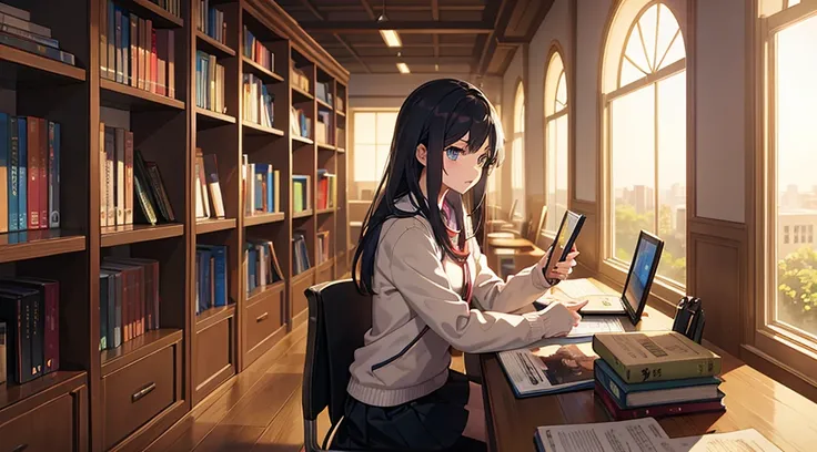 girl reading book in library, anime