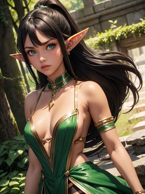 (best quality), 1girl, female, bronze skin, black hair, high ponytail, side swept bangs, long hair, green eyes, perfect eyes, tan lines, (elf), pointed ears, fantasy dress, smug, masterpiece, anatomically correct, highres
