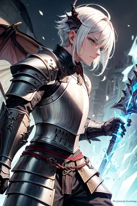 male character,((wearing armor that looks like a dragon)), sword in the waist, ((white  hair)), ((greeneyes)), black armour