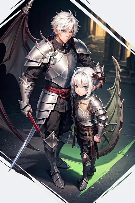 male character,((wearing armor that looks like a dragon)), sword in the waist, ((white  hair)), ((greeneyes)), black armour