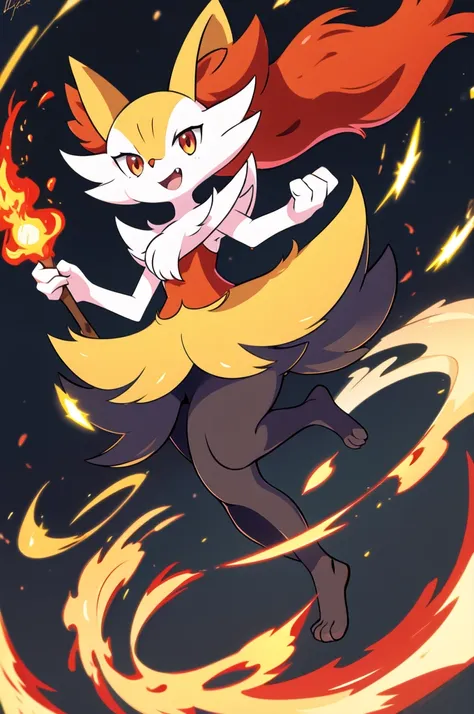 1girl, solo, looking at viewer, smile, open mouth, simple background, red eyes, white background, holding, animal ears, standing, tail, full body, fang, hand up, signature, flat chest, animal ear fluff, fox ears, pokemon (creature), fox tail, happy, fox gi...