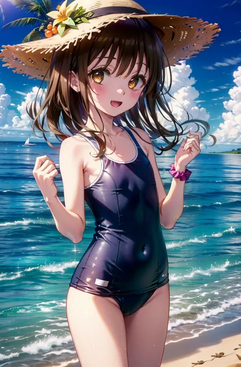 Follow Us, Yuki mandarin orange, (Brown eyes:1.5), Brown Hair, hair ornaments, hair scrunchie, Long Hair, (Flat Chest:1.2),happy smile, smile, Open your mouth,
Open your mouth,School Swimsuit,Straw hat,Holding a swim ring in both hands,True Summer,Palm tre...