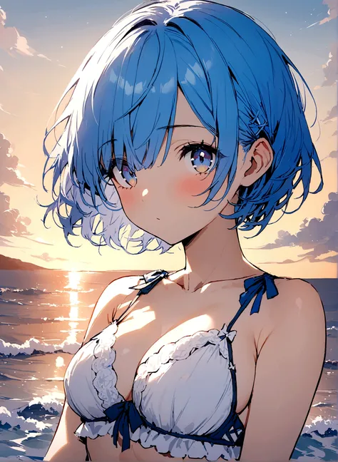 masterpiece, Highest quality, Rem, One Girl, lingerie,Beautiful Eyes,Blue Hair,Upper Body,Seaside