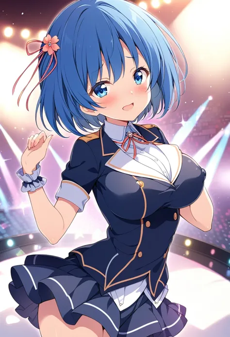 HAZUKIYUZUKO, solo, 
BLUE HAIR, BANGS, SHORT HAIR, BLUE EYES, , Big Breasts, Live Stage, uniform nipple