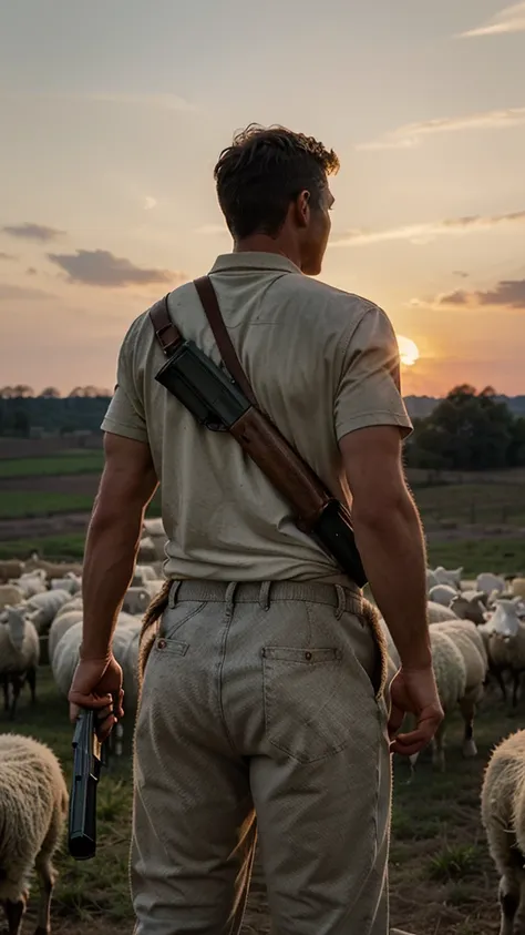 Create an image of a farmer with a shotgun on his back in the northeast backlands at sunset looking at dead sheep 