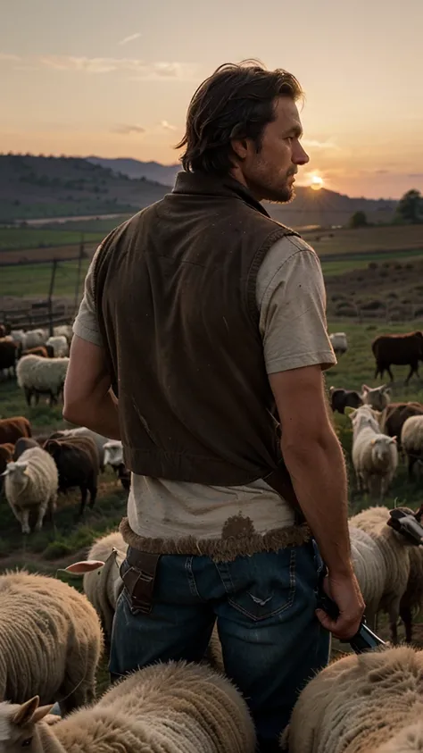 Create an image of a farmer with a shotgun on his back in the northeast backlands at sunset looking at dead sheep 