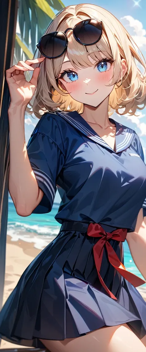 (((One girl))), ((beach)), noon, blond hair, Wavy Hair, bob cut, breasts, from front, (cowboy shot), standard body, (looking at viewer), ((dark blue serafuku)), dark blue skirt, ((red ribbon)), ((sunglasses)), hand to sunglasses, teenager, head tilt:1.3, (...