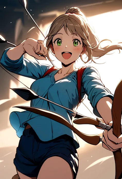 beautiful tall archer mom with blue ponytail hair, green eyes, blue shirt, dark blue shorts, happy, with a bow and arrows in her hands