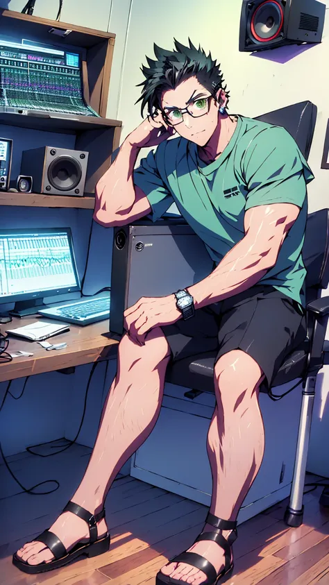 ((Highest quality)), ((masterpiece)), (detailed), Highest quality、High resolution、８K、Wearing a green shirt、Wearing black sandals、With two accurate hands５Finger、One adult male、33 years old、Dark Eyes、Black Hair、Japanese anime-like style、超High resolutionかわいい萌...