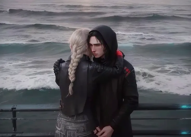 there are two people standing on a pier looking at the ocean, reylo kissing, anato finnstark and alena aenami, rey and kylo ren, johan liebert mixed with dante, ps5 cinematic screen capture, death stranding, 2020 video game screenshot, xqc, death stranding...