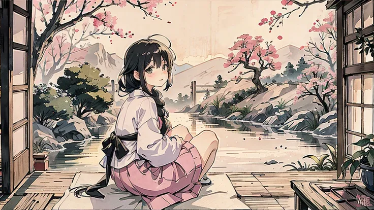 A  anime character sitting in the terasse of an old japanese house, the view of her garden. summer ambient vibes. The colors are soft and pastel, with soft lighting and a nostalgic ambiance, Lo-Fi, school girl , cute girl, side view, wide view, japanese be...