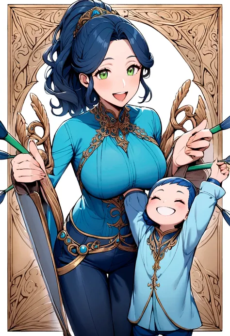 beautiful tall milf mom with blue ponytail hair, green eyes, blue shirt, dark blue shorts, happy, with a bow and arrows in her hands