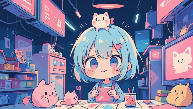 Vibrant art,pop、bright、colorful, 1 female, Light blue hair,　short hair、Happy,cute, animation style, kawaii, clearly, colorful cyberpunk, bubblegum pop, cute、Pink and light blue as main colors、I&#39;m cheering loudly、　Headphonesをしている、Headphoneusic、