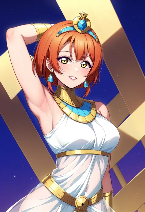 Masterpiece, sksrin, beautiful , facial details, 8k wallpaper, Rin Hoshizora Love Live, short hair, white see through dress, Egypt queen,tiara,in Egypt ,(lipstick:0.8), (makeup:0.8),Fascinated by her beauty, showing her body ,one arm up behind head another...