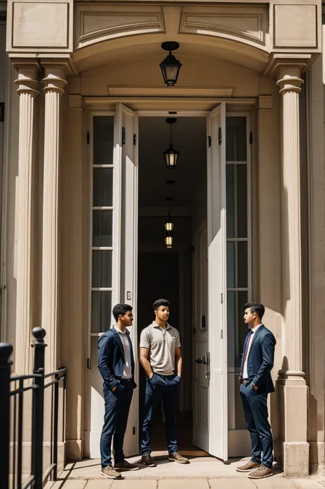 inside the campus, three guys standing at the door