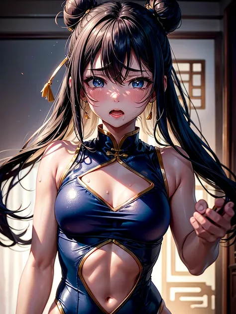 Highest Resolution,Highest quality,A beautiful girl in a Chinese leotard crying,Bun Hair,Dark bedroom,Tears,Open your mouth and drool,whole body,front,Sweat profusely,Beautiful eyes,Lots of saliva,