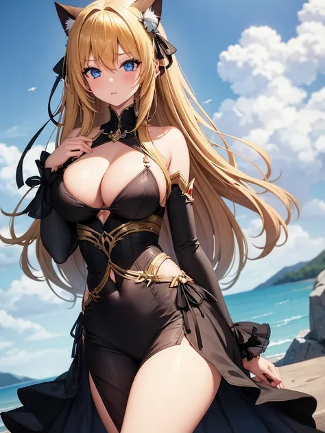 cat girl,long blonde hair,blue eyes,sexy,big chest,sexy princess dress 