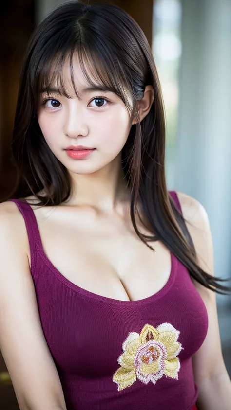 RAW photo, (best quality, 8k, 32k, masterpiece, UHD:1.2), ultra high resolution, (pretty a Korean teen girl of 13 years old), (wearing magenta tank-top), large breasts, cleavage, portrait