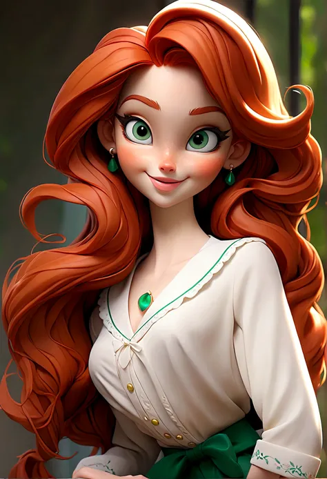 ((best quality)), ((masterpiece)), ((detailed)), Long cascade red hair, emarald green eyes, plump pink lips, doll like,  and slender, extremely feminine, round breasts, sweet looking, cute clothes, cute smile 