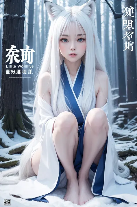 A pixel cover style image with the title "little wolf" with a girl with long white hair down to her knees, with skin as clear as snow, shining with the moon in a forest, with eyes as blue as the sky, wearing a very large blue and white kimono and wearing a...