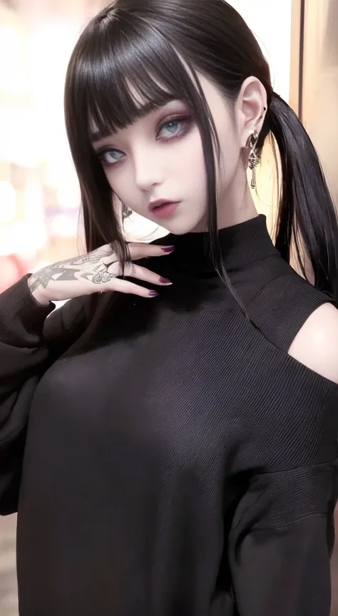 4K Ultra Sharp、Highest quality, masterpiece, Ultra-high resolution, (reality: 1.4),  1 Girl, Grey Eyes, Off-the-shoulder sweater dress, Cinema Lighting、purple and black hair、(Mine Girl、Goth Makeup、Mine Make-up、tatoo)、(Earrings、Small breasts、An oversized bl...