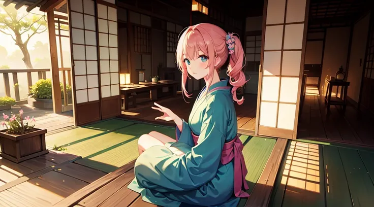 A anime character sitting in the terasse of an old japanese house, the view of her garden. summer ambient vibes. The colors are soft and pastel, with soft lighting and a nostalgic ambiance, Lo-Fi, school girl , cute girl, side view, wide view, japanese bea...