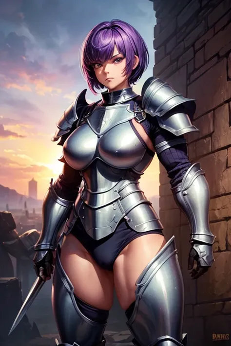 one female character, (musclegirl), ((short-hair)), purple hair, (medium breasts), (big-ass). very muscular, ((plate armor)), a gentleman, ((wearing armor that covers the entire body)), (((a draconian armor))) ((melhor qualidade)) ((Full HD)) 