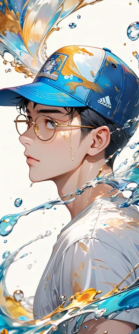 Oriental beautiful boy，sideways，Looking over the shoulder，White transparent real-life painting，Colorful water splash rendering，Facial texture is clear，Baseball cap，loose white shirt，Blue distressed denim shorts，Gold-framed glasses，White sand background，mes...