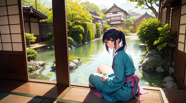 A anime character sitting in the terasse of an old japanese house, the view of her garden. summer ambient vibes. The colors are soft and pastel, with soft lighting and a nostalgic ambiance, Lo-Fi, school girl , cute girl, side view, wide view, beutiful gir...