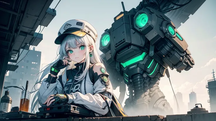 1 Girl, alone, colorful, Green Eyes, cyber punk, Mechanical Scrap Zone, Cityscape, Stud earrings, Long, messy white hair, Mechanical Hat, Mechanical Body, robotic Arm, Mecha, robot, Mechanical Maiden, Neon Light, Beautiful light, Character Focus, CG illust...